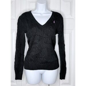Ralph Lauren Sport VTG Cable Knit Sweater V Neck Pullover Cotton Pony Black M